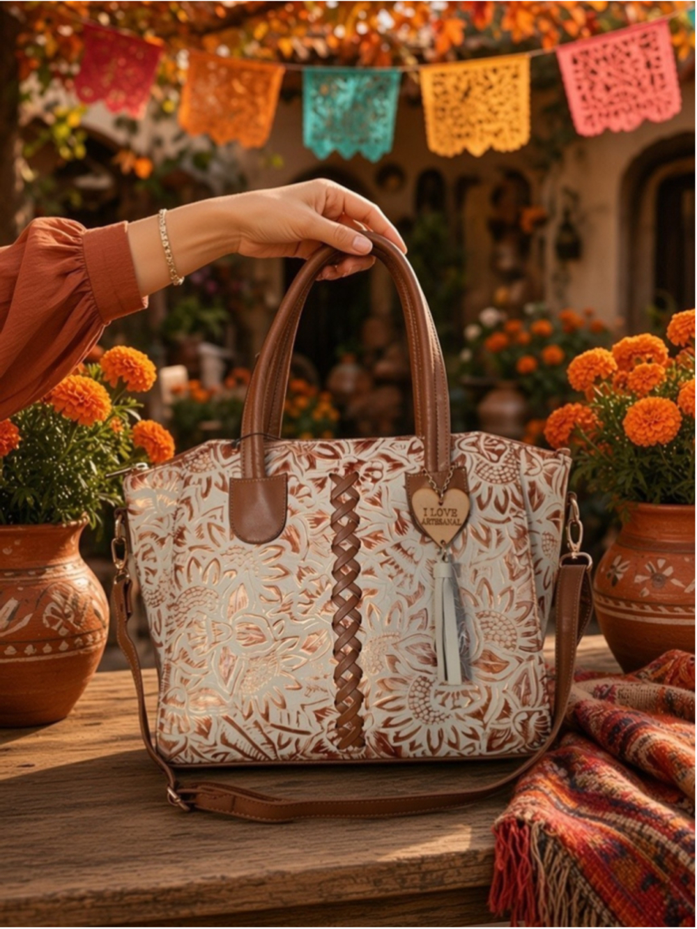 Vanilla Ivory Beige Gold Brown Sunflower Embossed LEATHER Artisan Handbag Purse